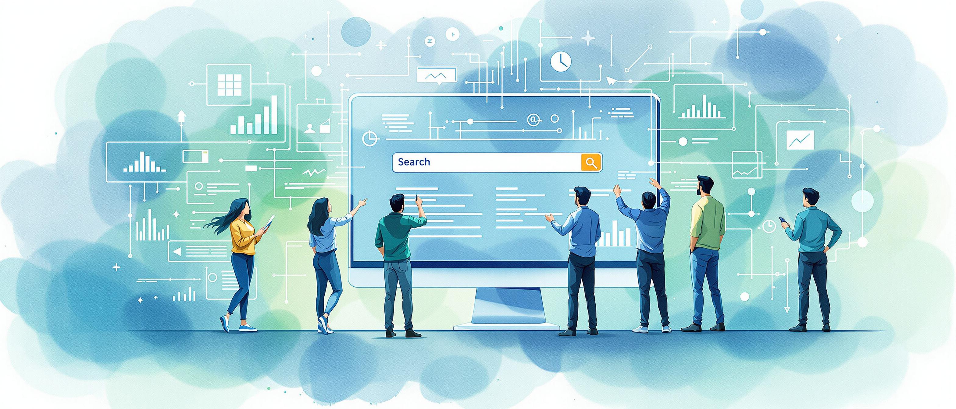 Informative watercolor illustration of a modern search engine interface being analyzed by digital marketers. In the background, subtle hints of flowing data and abstract digital elements symbolize ranking factors, with soft blue and green hues to evoke clarity and sophistication.