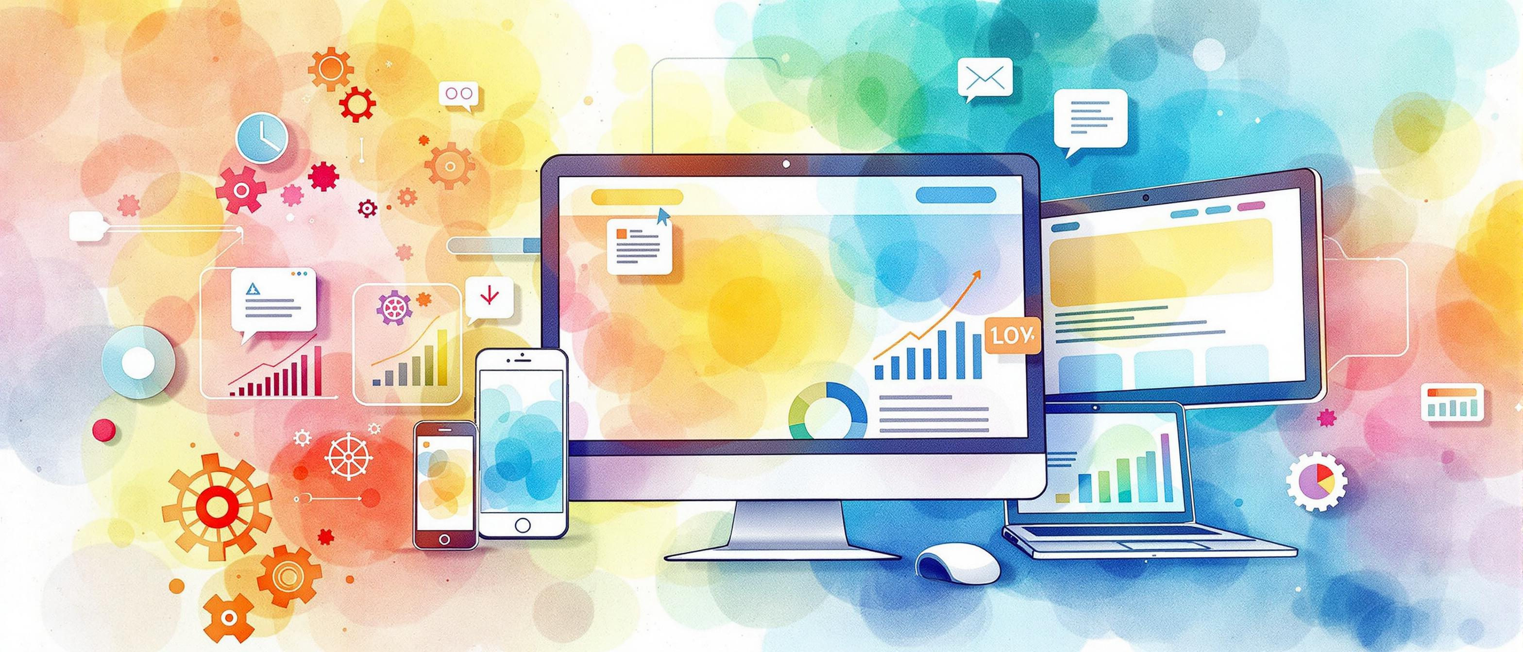 Informative watercolor depiction of a vibrant website with fast-loading pages on various mobile and desktop devices. Visual hints of speed (like subtle motion blurs), structure (logical site map overlay), and technical optimization tools (gears and tool icons), placed on a bright, unified tech-inspired background.