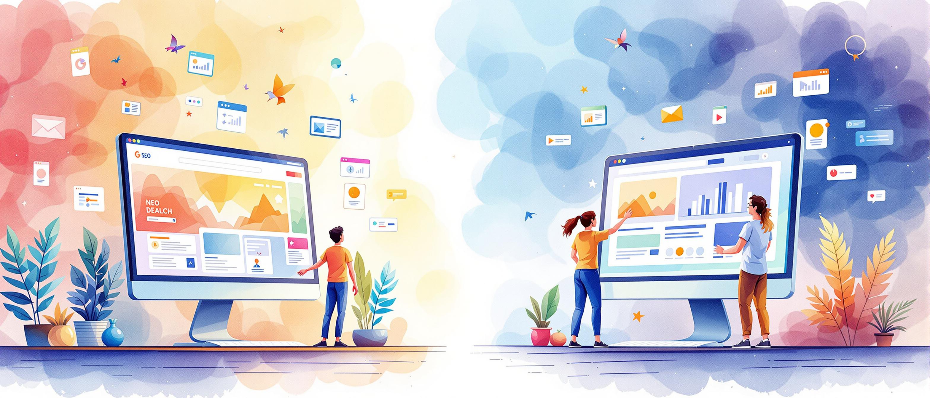 A persuasive watercolor scene of two contrasting websites: one high-quality site showing happy visitors in a modern, colorful website environment, and another dull, low-quality site with bored users leaving quickly. The background features soft digital motifs like search bars and browser windows, representing the direct effect of content quality on website success. The atmosphere is dynamic, emphasizing the benefits of effective SEO and the drawbacks of poor execution.