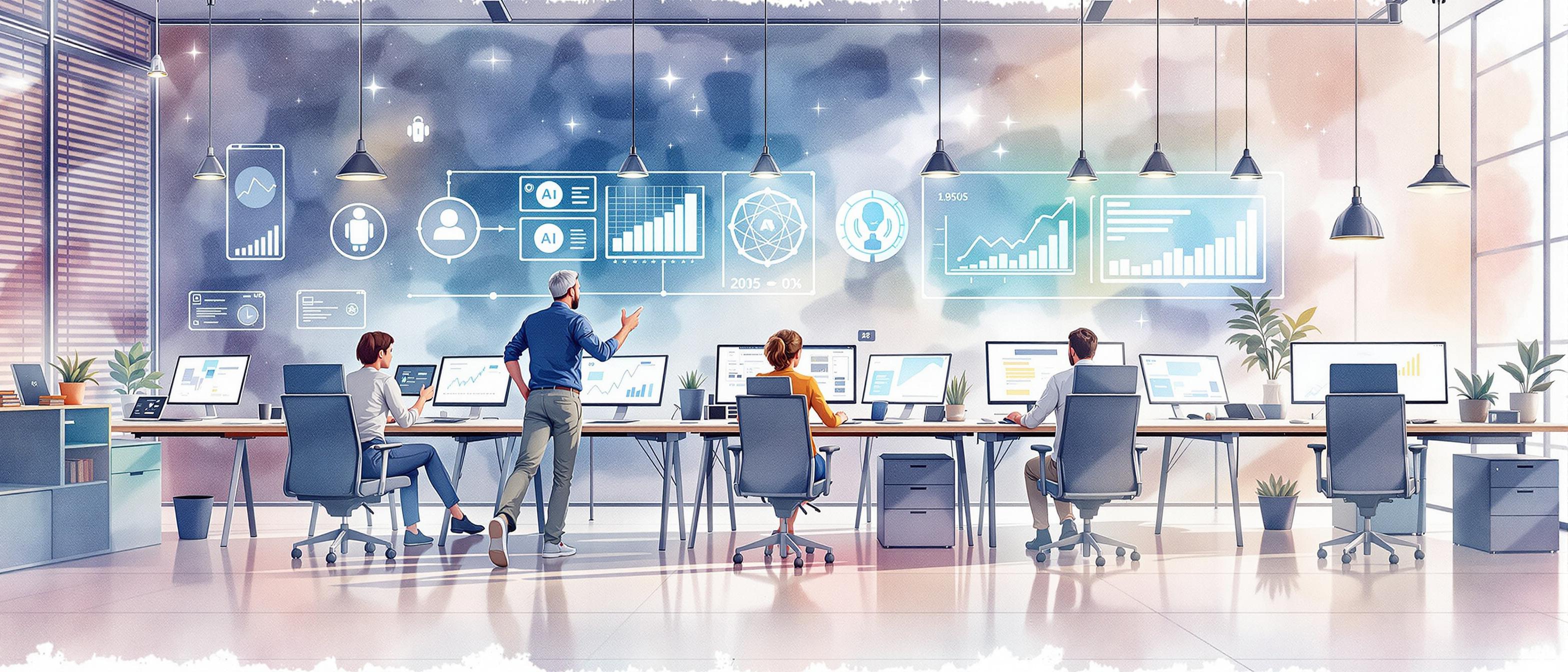 Watercolor illustration depicting a modern office environment transforming digitally: employees collaborating with digital devices, screens displaying graphs and AI icons, a dynamic blend of traditional desks and futuristic tech, with a soft, optimistic aura.
