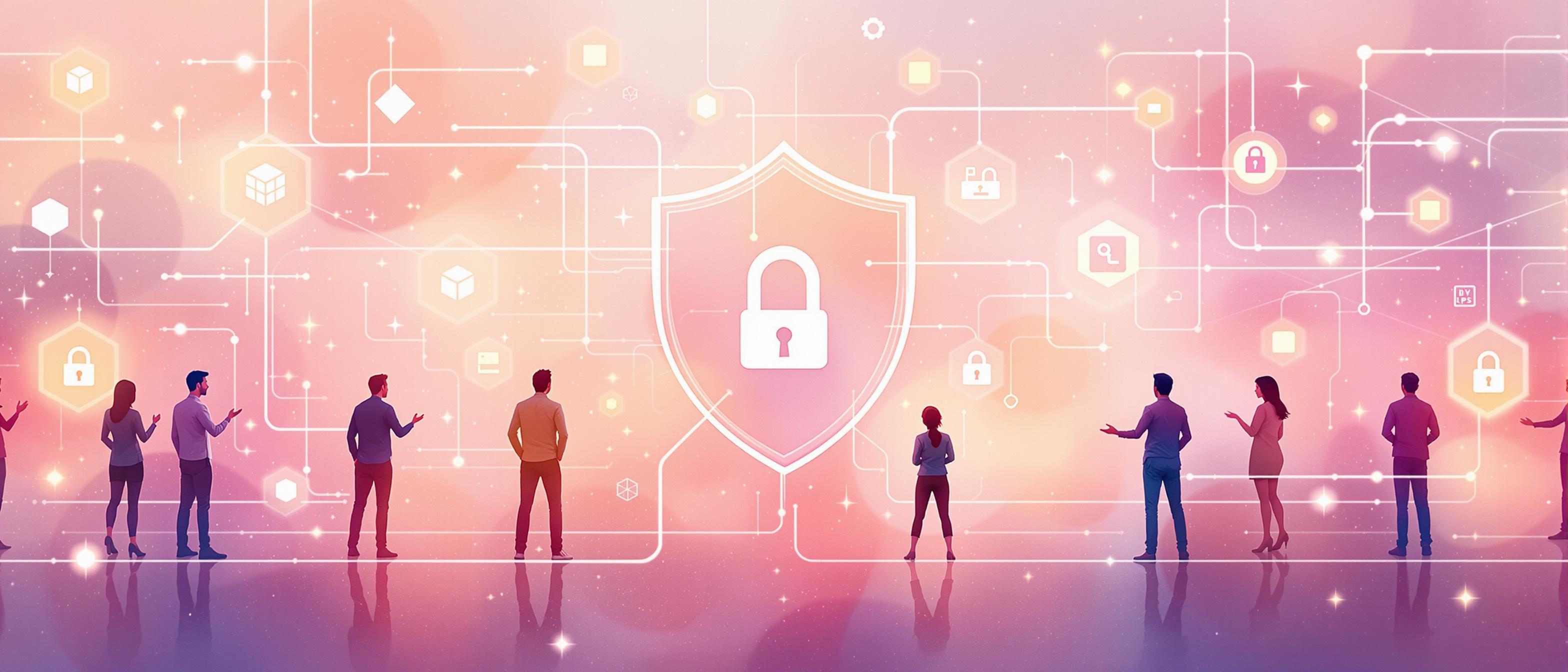 Watercolor depiction of a friendly, secure digital environment: people surrounded by softly glowing protective shields, abstract representations of data (like floating cubes and lines), lock icons blending harmoniously, expressing trust, safety, and privacy in a modern digital workspace.