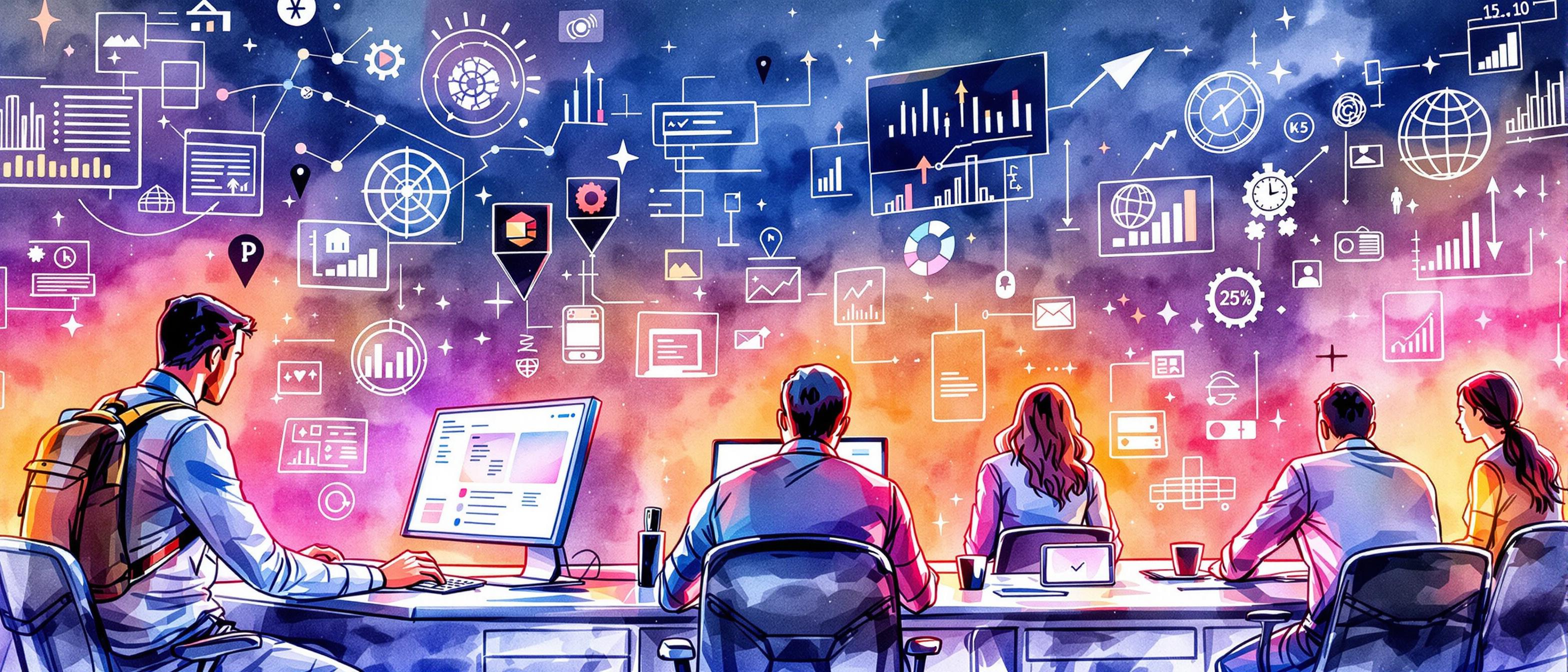 Watercolor scene showing marketers using automation tools: i.e., marketers interacting with sleek computers and tablets, visual cues of automated workflows and data streams swirling around, each marketer focused yet efficient, background evoking a sense of streamlined productivity and teamwork.