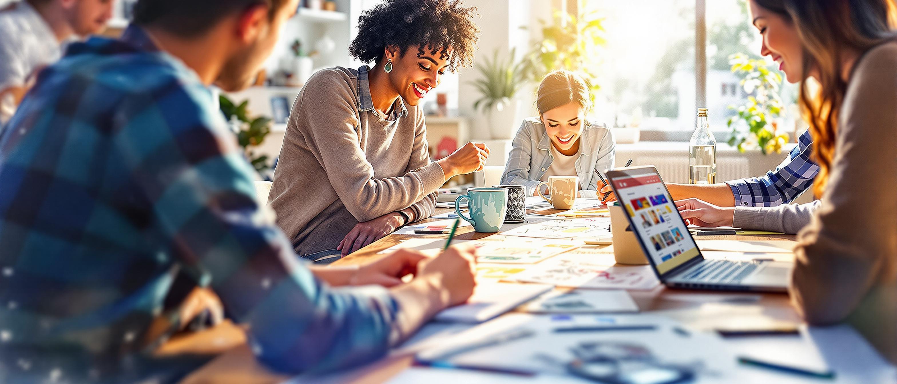 Watercolor style illustration showing creative teams collaborating around a table filled with sketches, laptops, and coffee, brainstorming visual content for social media ads. The background is softly blurred, hinting at an office space with sunlight streaming in. The mood is energetic and focused, highlighting the creative process of developing engaging SNS ad creatives.