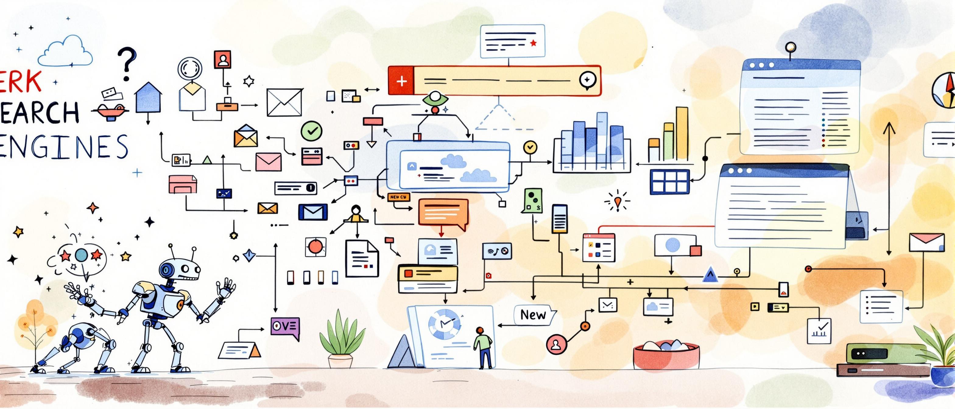Informative / Structure: Watercolor illustration showing the core processes of a search engine: a whimsical robot (crawler) exploring a branching network of websites, funneling discoveries into an open database (index), and then a dynamic path leading to highlighted top results (ranking), all within a modern internet-inspired environment.