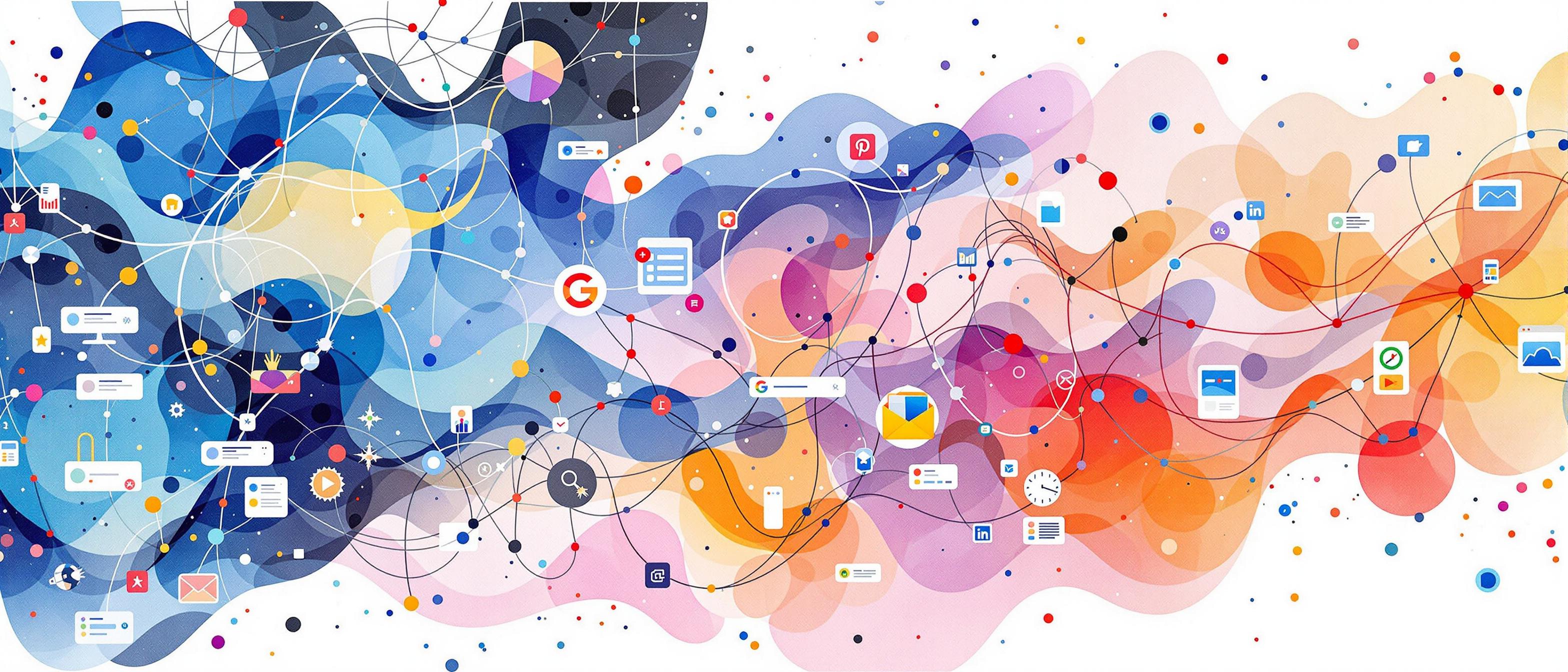 Informative / Structure: Watercolor illustration representing AI and machine learning: abstract, flowing forms of neural networks and vibrant color nodes, seamlessly connecting to digital search engine elements, symbolizing contextual understanding and enhanced user experience, conveying the theme of technological advancement in search engines.