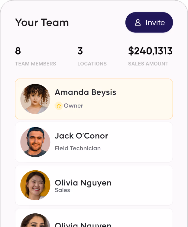 Pebl team overview screen showing team members, their roles, number of locations, and total sales amount