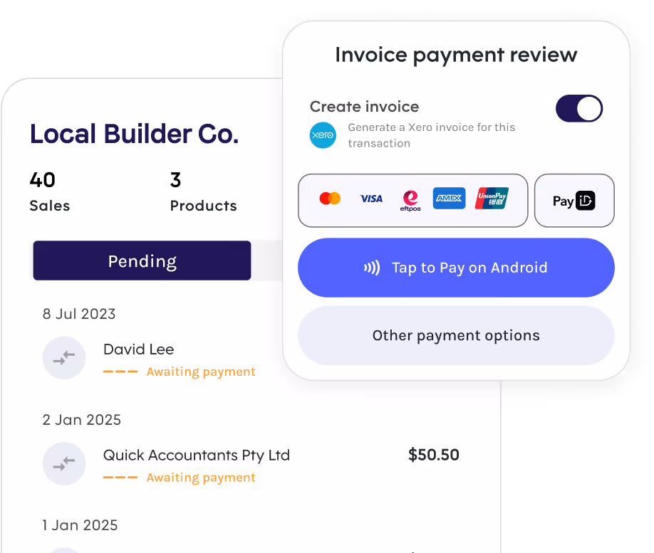 Pebl invoice review screen displaying Xero invoice generation and various payment options including Tap to Pay on Iphone