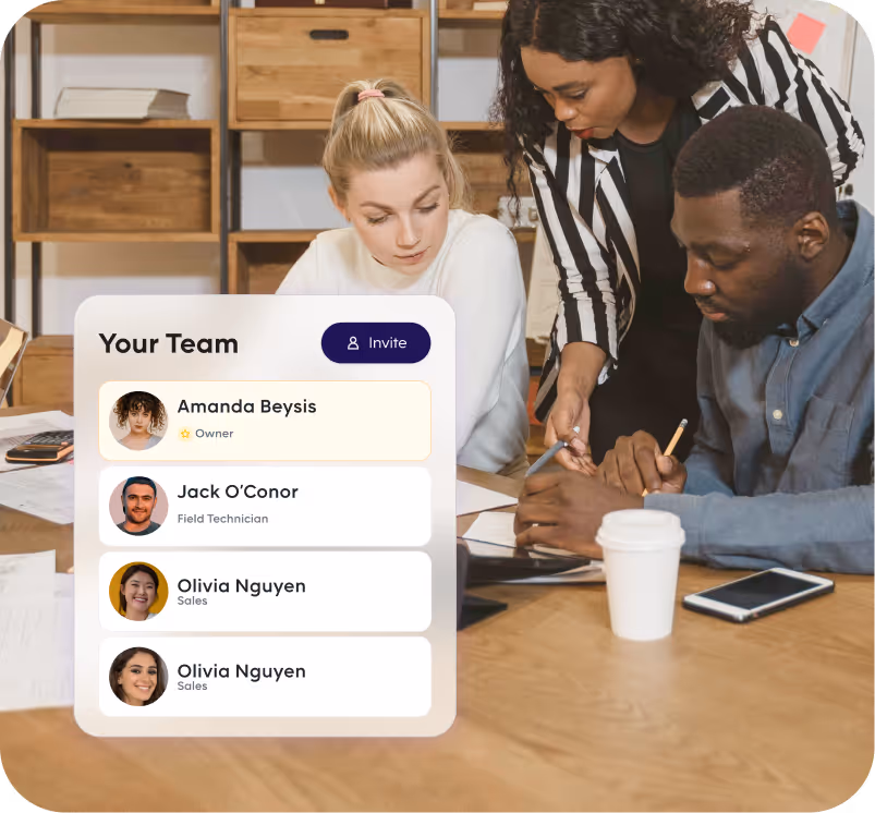 Three team members collaborate at a desk with a Pebl team management interface shown on screen.