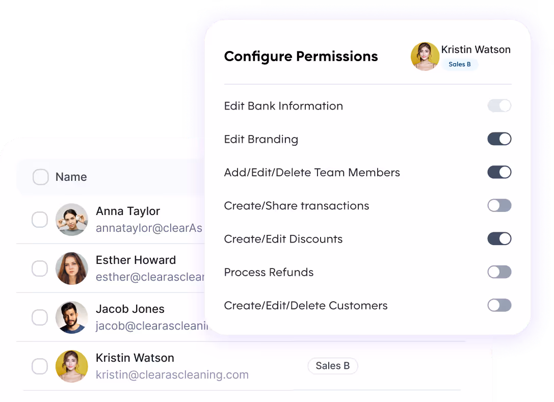User roles and permissions dashboard showing team members with assigned roles and specific access rights.