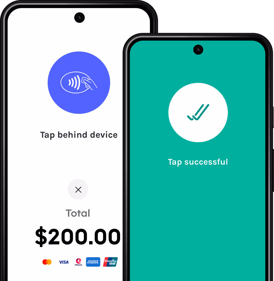 Two mobile screens showing Pebl’s Tap to Pay interface on Android: one prompting to tap behind the device with a $200.00 total, and the other confirming a successful tap transaction.