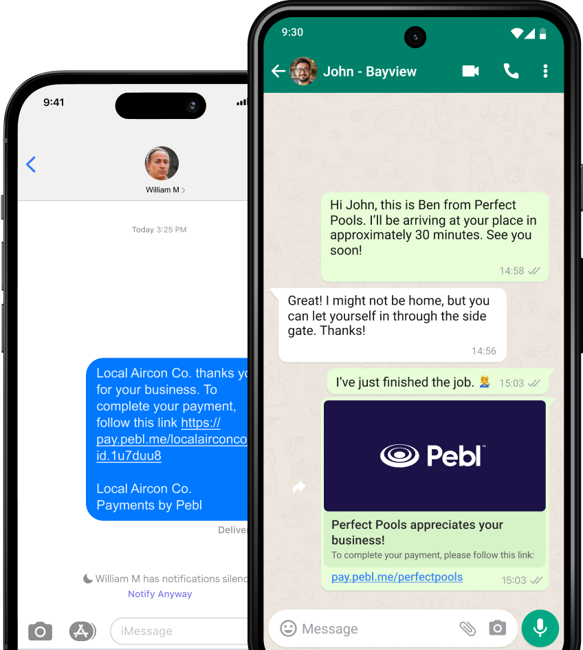 pay with pebl using whatsapp links and text messaing links image phone mock