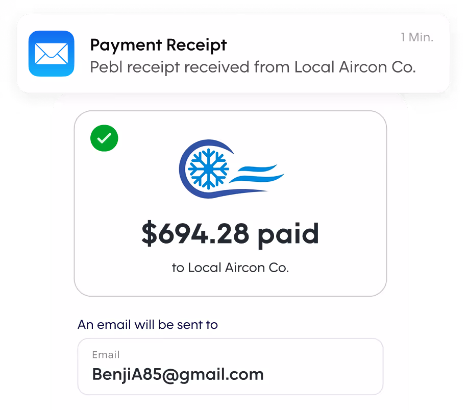 Payment receipt confirmation showing $694.28 paid to Local Aircon Co. and email delivery notice