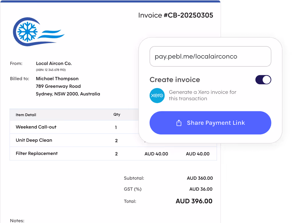 Digital invoice from Local Aircon Co. with Xero integration and shareable payment link