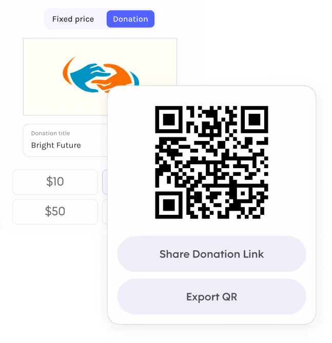 Donation interface with QR code and options to share link or export the cod