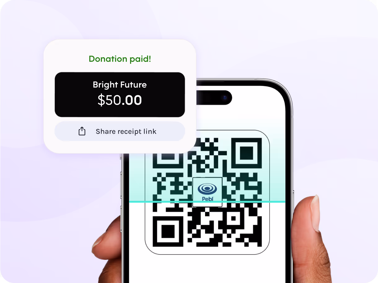 Pebl interface showing confirmation of a received payment for a donation.