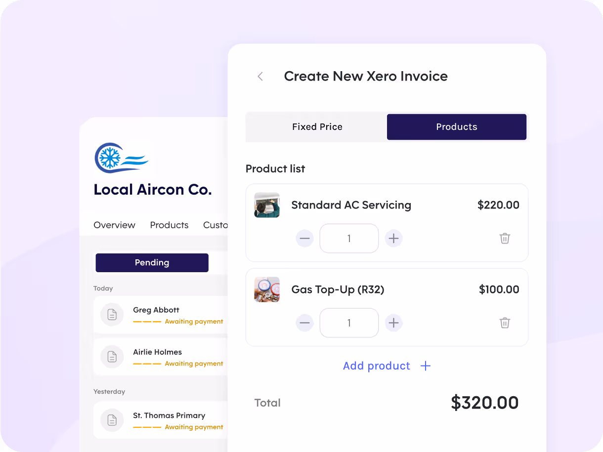 Pebl interface to create or select an existing Xero invoice before sending