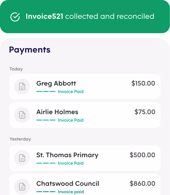 Pebl interface showing list of paid invoices with payment amounts and customer names, indicating successful reconciliation.