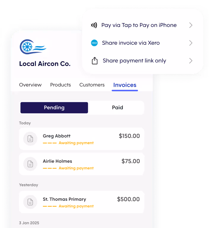 Team members’ payment statuses with Xero integration shown, including completed and pending payments alongside invoice amounts.