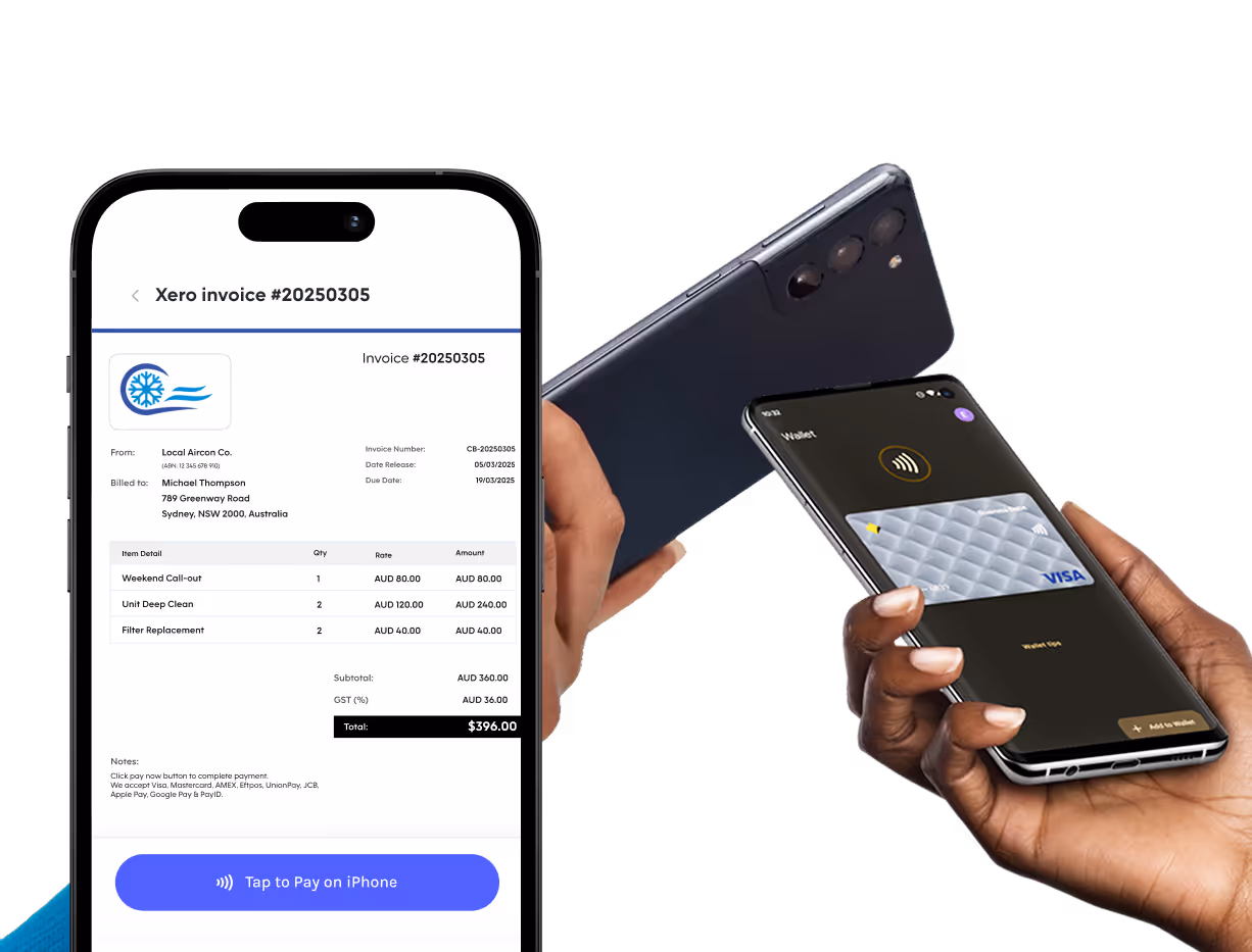 Smartphones displaying a Xero invoice and a digital wallet payment interface, demonstrating Pebl’s tap-to-pay functionality.
