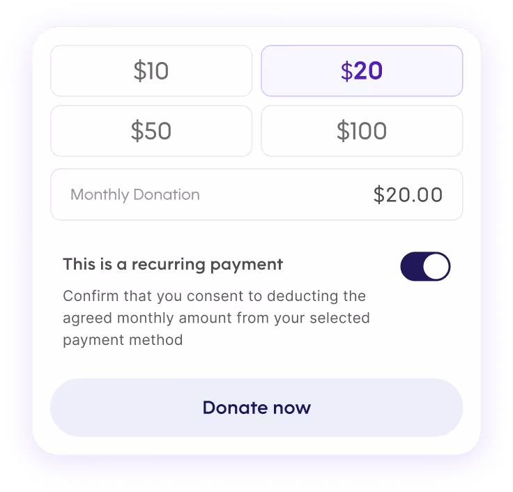 Pebl donation form displaying monthly donation amount options with a recurring payment toggle and a 'Donate now' button.