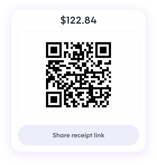 Pebl receipt sharing screen showing a QR code for a $122.84 payment with a button labeled 'Share receipt link.