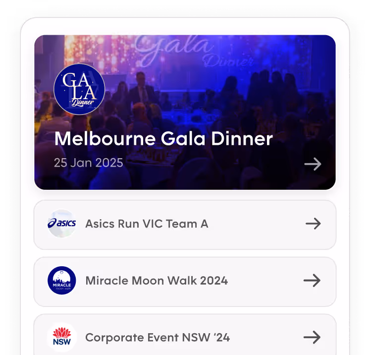 Pebl interface showing a list of upcoming charity events including the Melbourne Gala Dinner, Asics Run VIC Team A, Miracle Moon Walk 2024, and Corporate Event NSW '24.