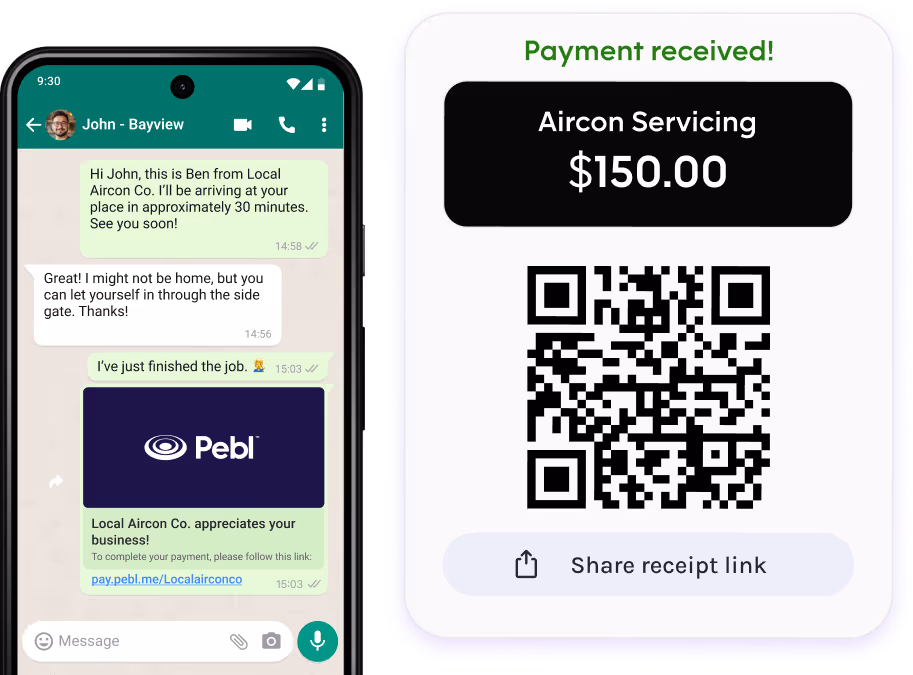 Pebl Payments integration in WhatsApp conversation confirming a $150.00 payment request for aircon servicing, with a QR code receipt and payment confirmation screen.