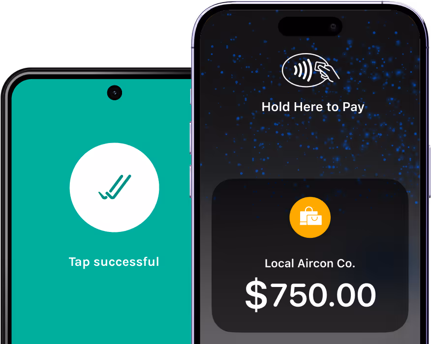 Pebl Payments Tap to Pay screen showing a successful $750.00 mobile transaction to Local Aircon Co. using contactless payment on a smartphone.