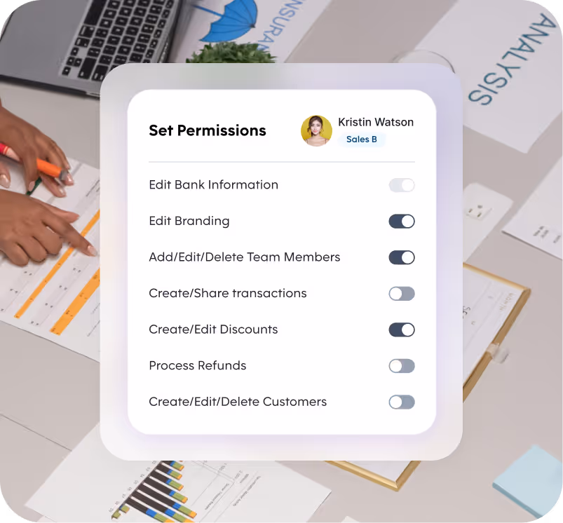 Pebl Payments permission settings interface showing user role options for editing bank information, branding, team members, transactions, discounts, refunds, and customer records.