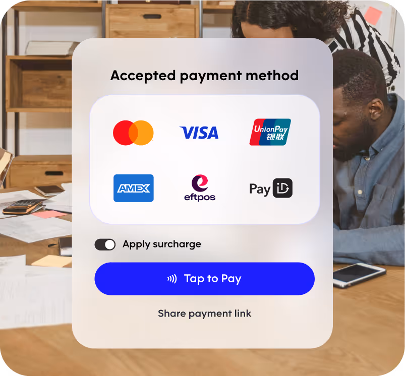Pebl Payments screen displaying accepted payment methods including Mastercard, Visa, UnionPay, AMEX, eftpos, and PayID, with options to apply a surcharge, tap to pay, or share a payment link.