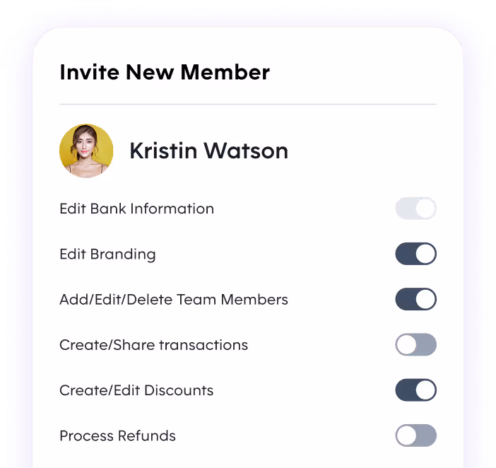 Pebl Payments interface for inviting a new team member with toggle switches to manage access to bank information, branding, team management, transactions, discounts, and refunds.