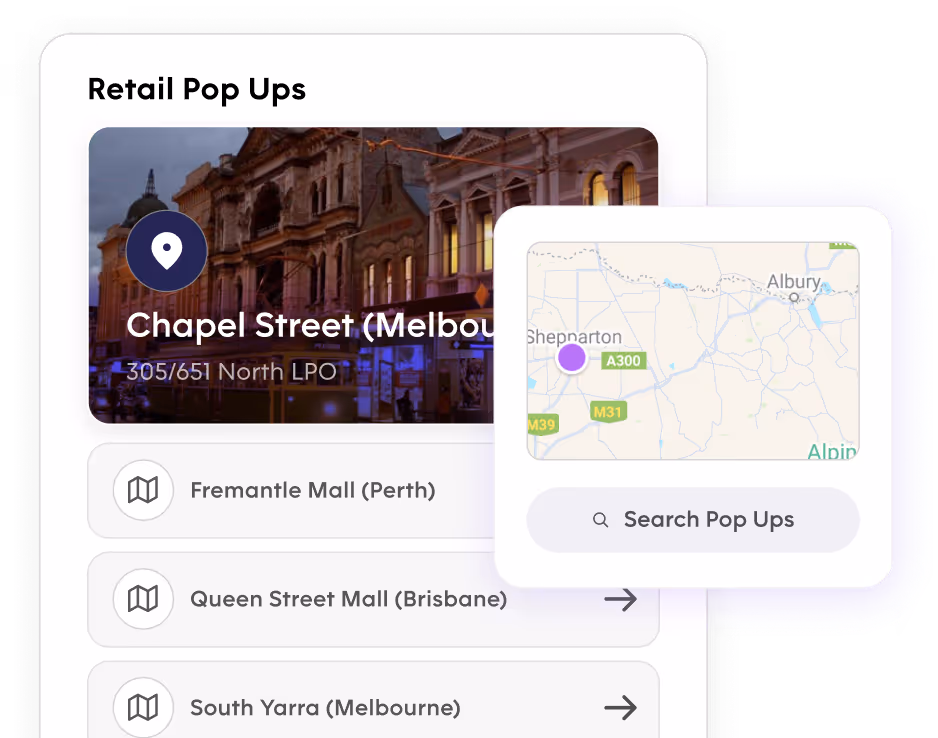 Pebl Payments interface showing a list of retail pop-up locations including Chapel Street in Melbourne, with a map view centered on Shepparton and a search bar labeled “Search Pop Ups.”