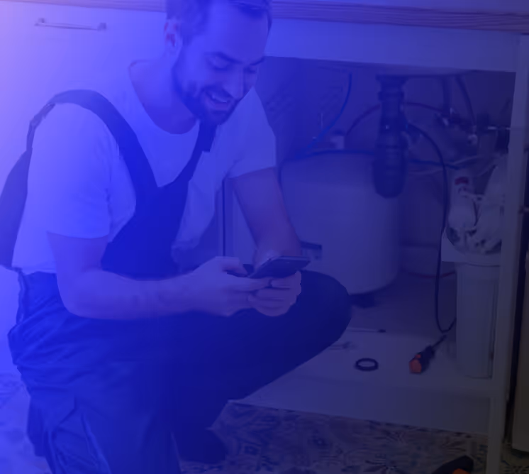 Smiling male tradesperson in overalls using a smartphone while kneeling under a kitchen sink, surrounded by plumbing tools and equipment.

