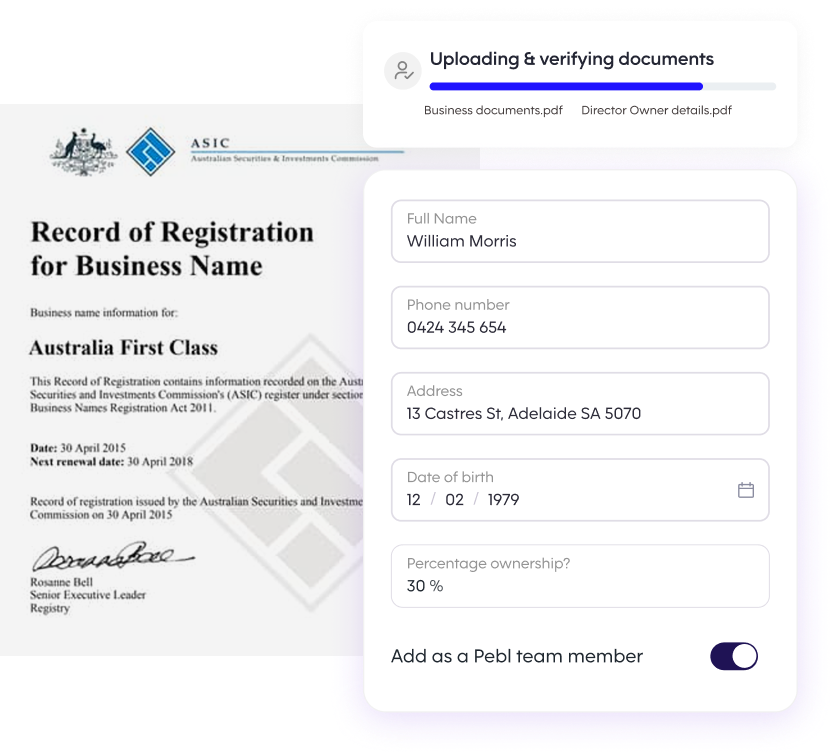 Pebl Payments interface displaying a business name registration certificate alongside a form for verifying and uploading documents with personal details for adding a team member.