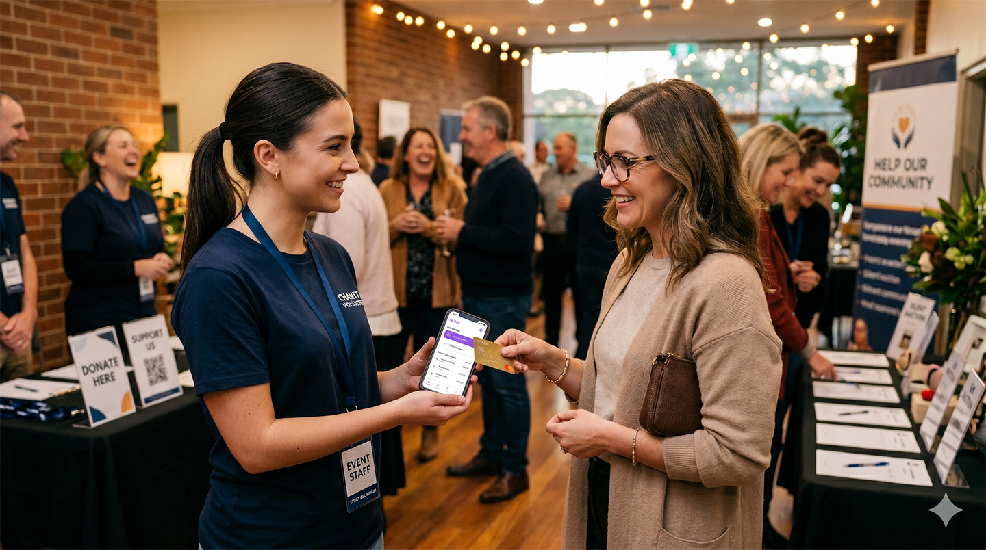 Charity volunteers accepting donations at an event using smartphones, QR codes and mobile POS tools.