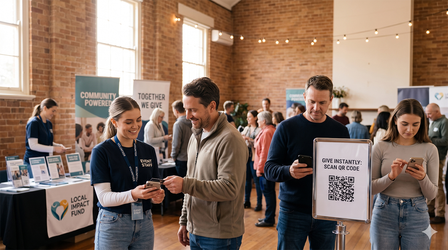 Australian charity event showing donors giving through Tap to Pay, QR codes, PayID and payment links.