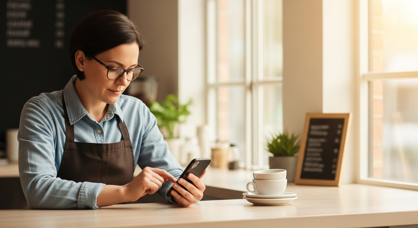 A café owner reviews payment options on a smartphone at a quiet counter before service, preparing for Australia's October 2026 card surcharge ban.