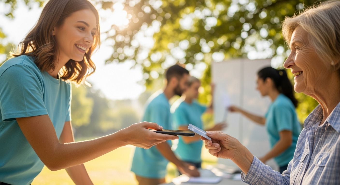 Charity volunteer holds a smartphone while an older donor taps her contactless card to give a donation at an outdoor community event.