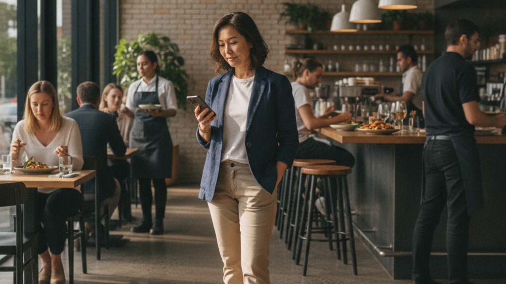 Australian hospitality group operator stands on the floor of a busy modern bistro, checking her smartphone while staff serve guests.