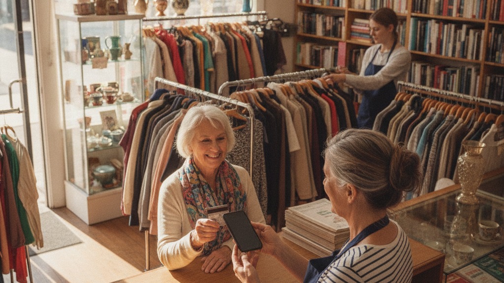 Older customer at an Australian op shop counter taps her contactless card on the back of a smartphone held by a charity volunteer.