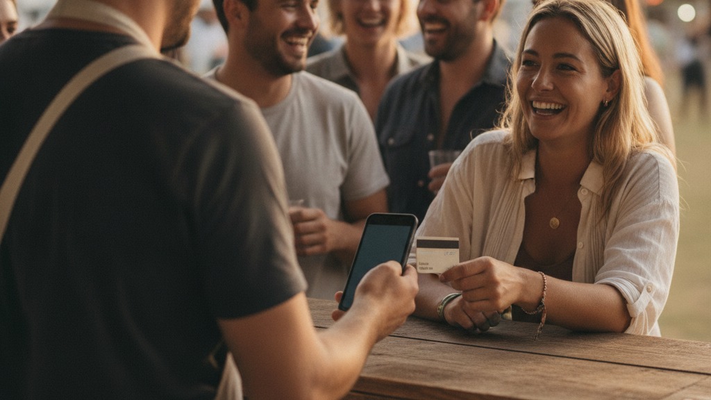 Customer at an outdoor festival bar taps her card on a smartphone held by a smiling staff member at golden hour.
