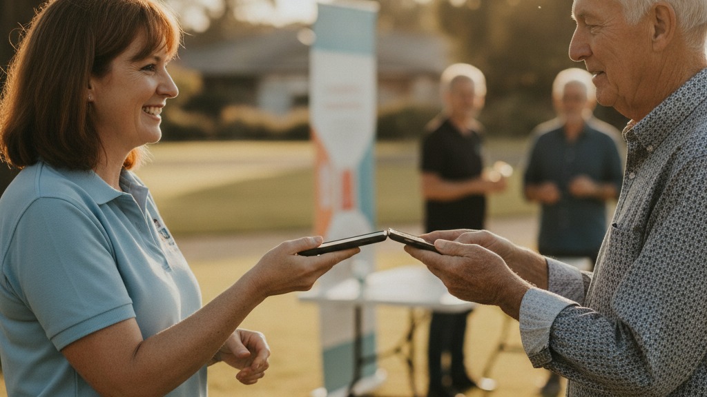 Australian charity volunteer and older donor tap two smartphones together to make a contactless donation at a park fundraiser.