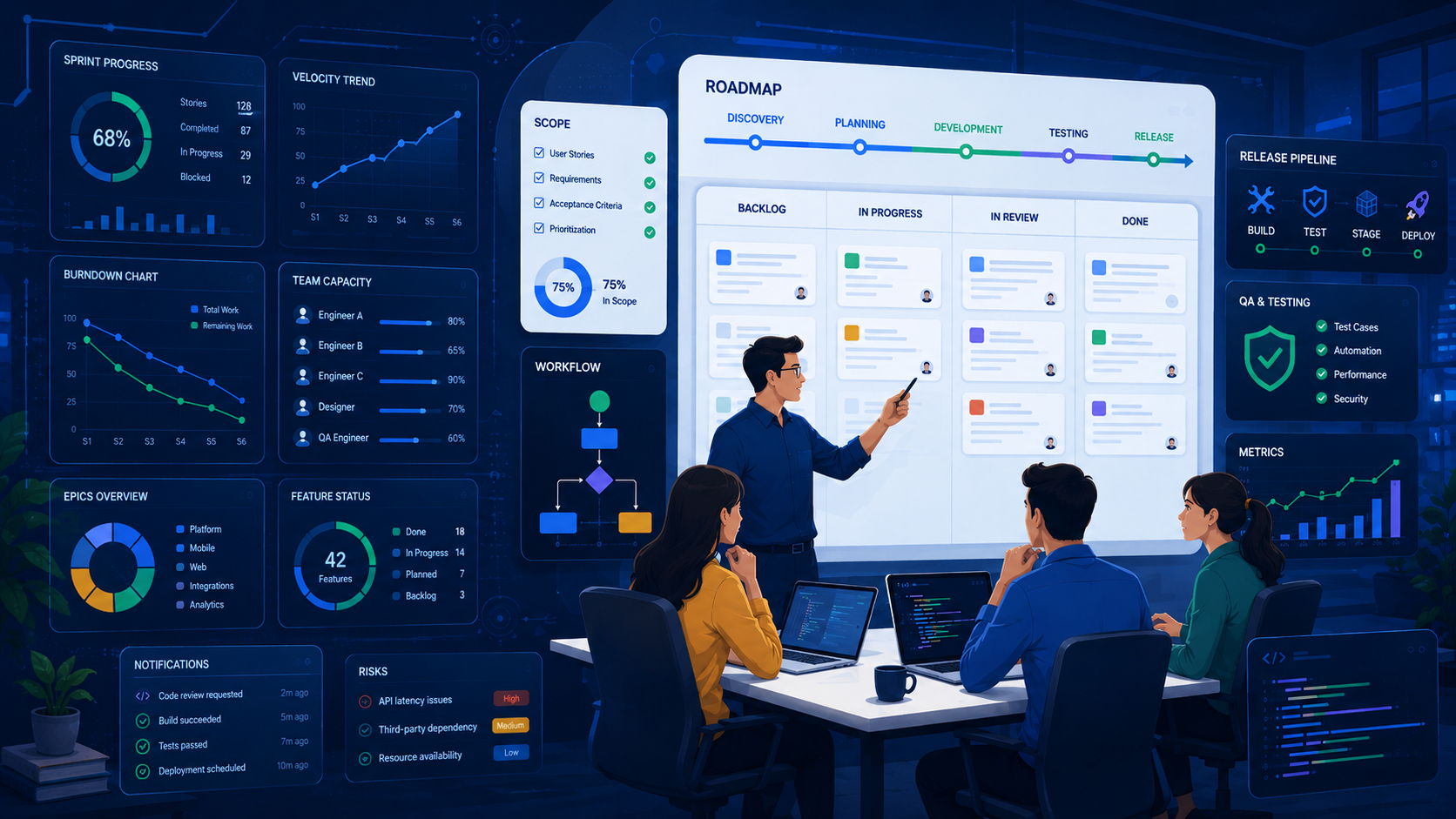 Software product management dashboard showing sprint progress, roadmap, scope, QA and release pipeline.