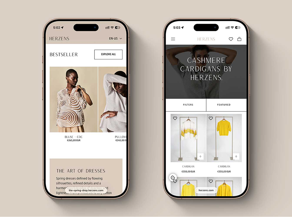 Herzens responsive fashion e-commerce experience on mobile
