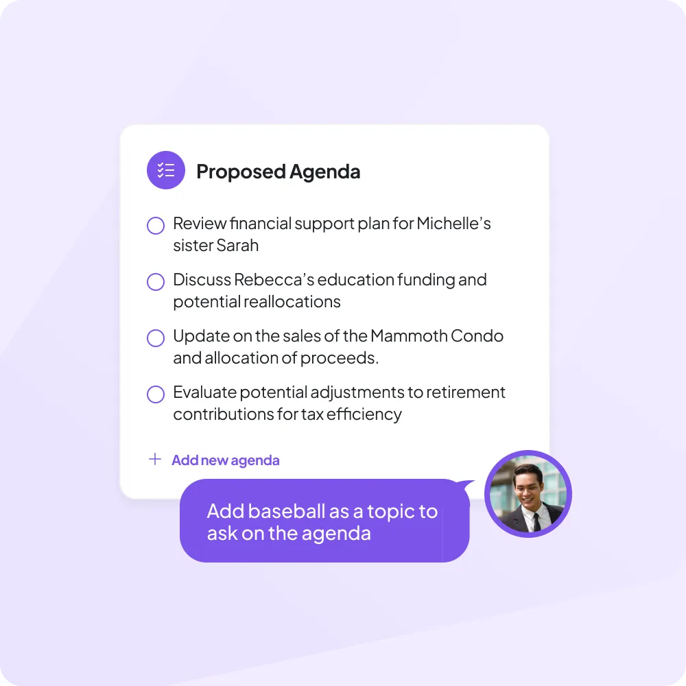 Proposed meeting agenda with items about financial support and condo sales