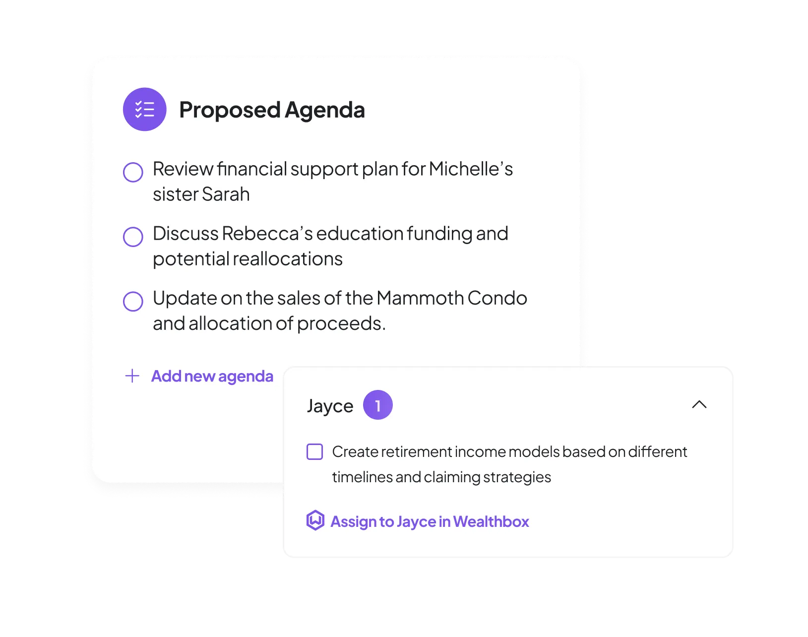 Proposed agenda with meeting items about financial support and sales updates