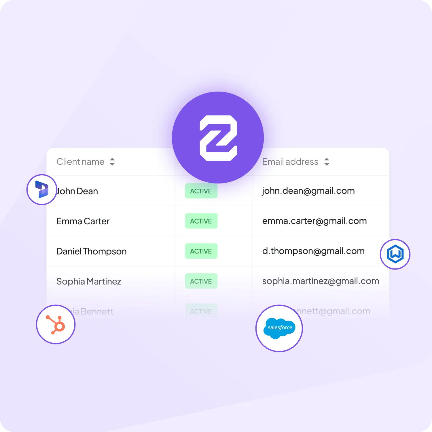 Client management dashboard with active user list and email addresses