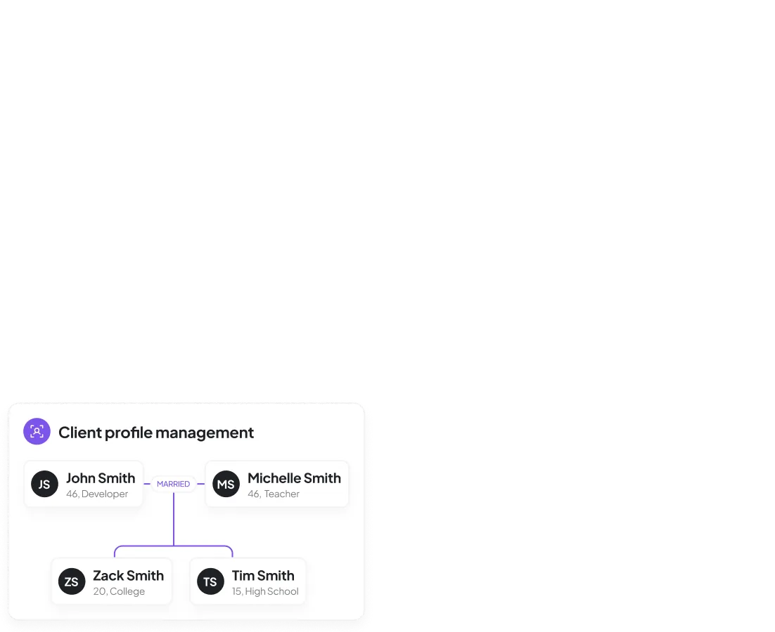 Family profile management interface showing married couple and two children