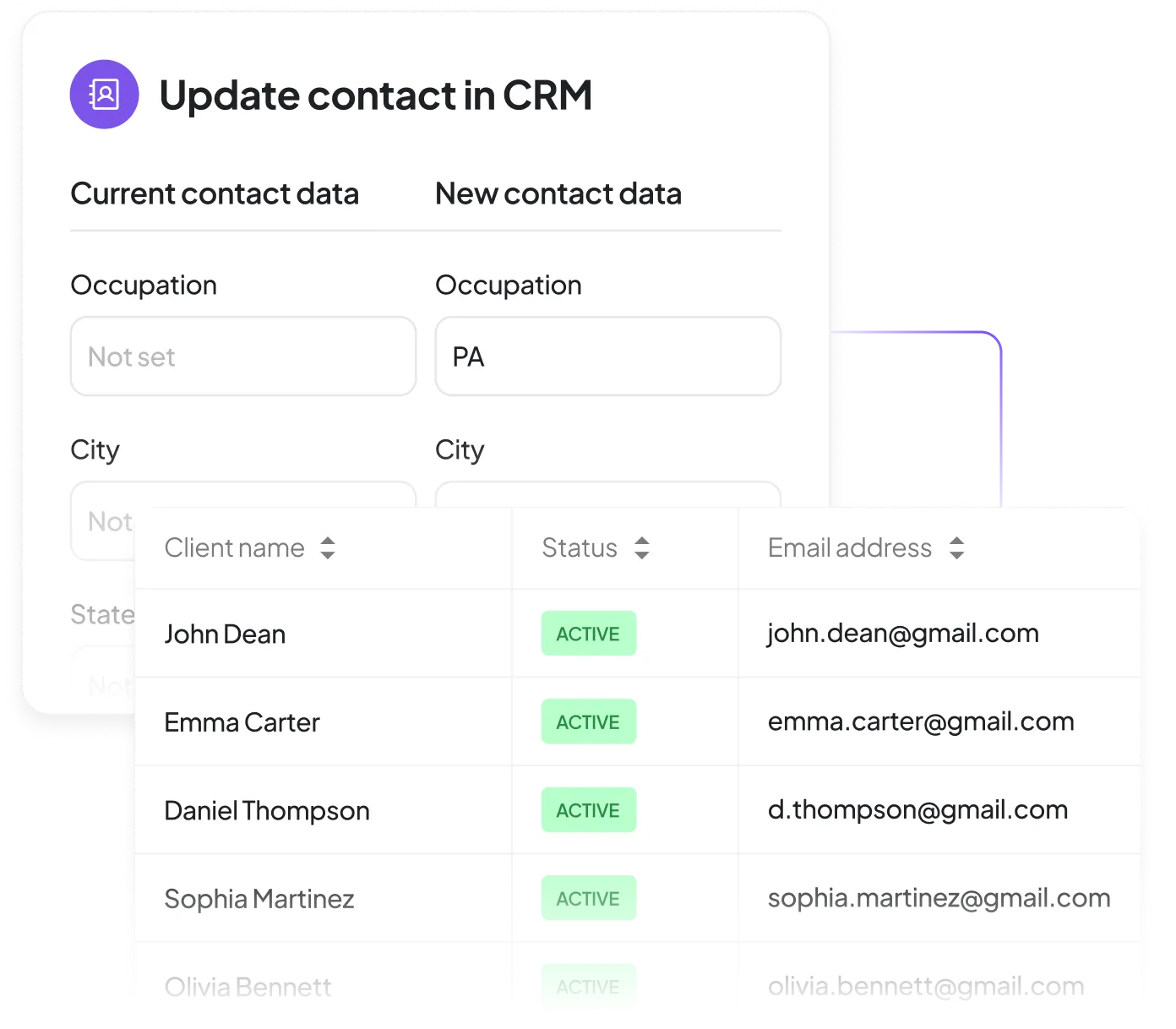 CRM contact update interface showing current and new contact information