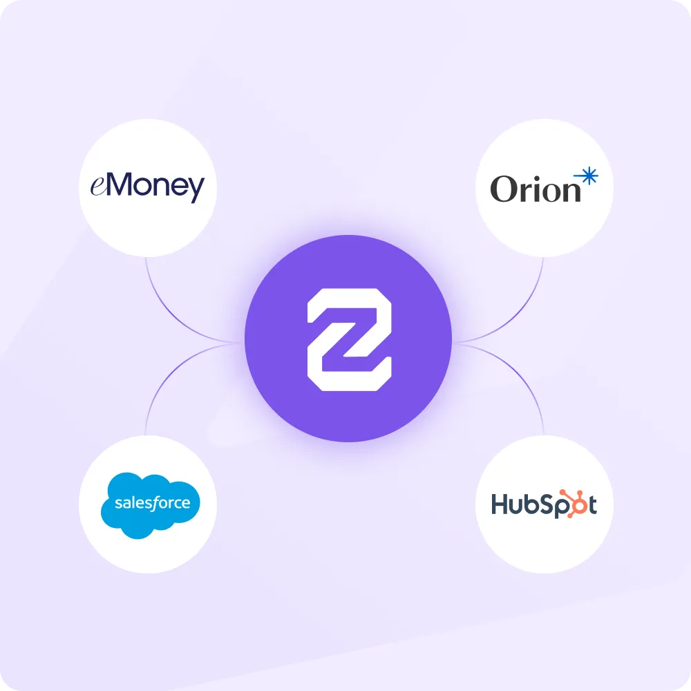 A purple circle with several different logos around it.